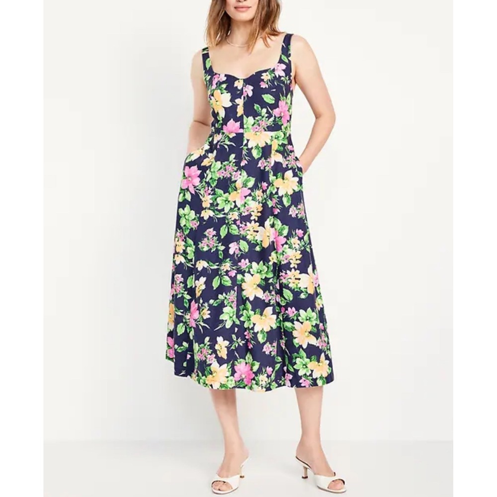 Old Navy‎ Linen Blend Floral Midi Dress Size Large Pockets Cottage Garden Party